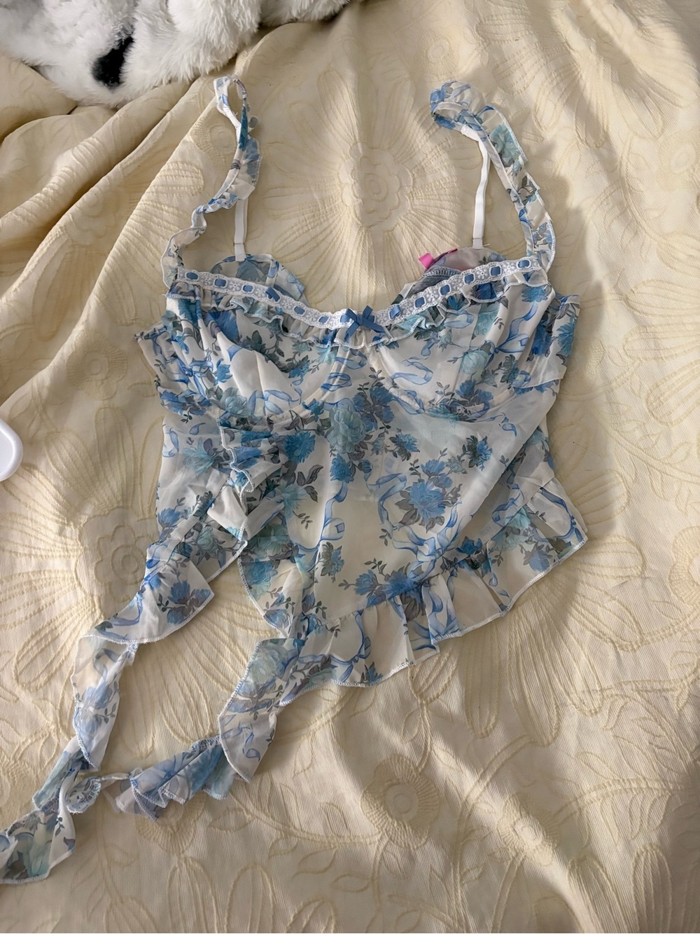 Edikted White and Blue Floral Ruffle Camisole